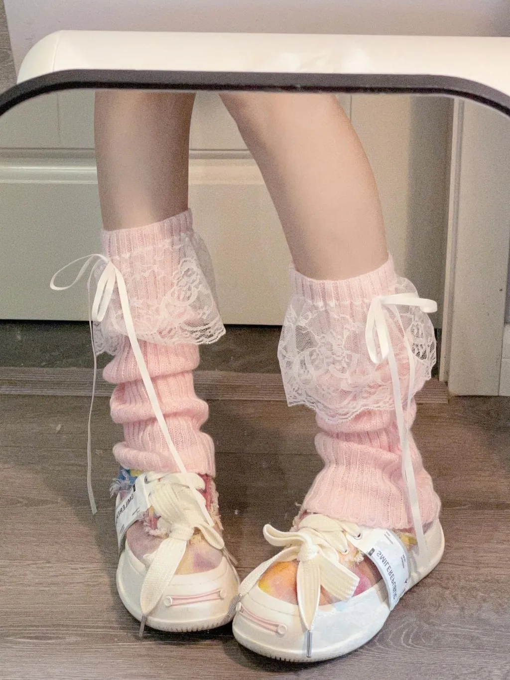 Japanese Y2K Lolita Girls Lace Bow Leg Warmers Women Calf Warmer Knitted Streamer Leg Covers JK Bow Princess Style Slouch Socks