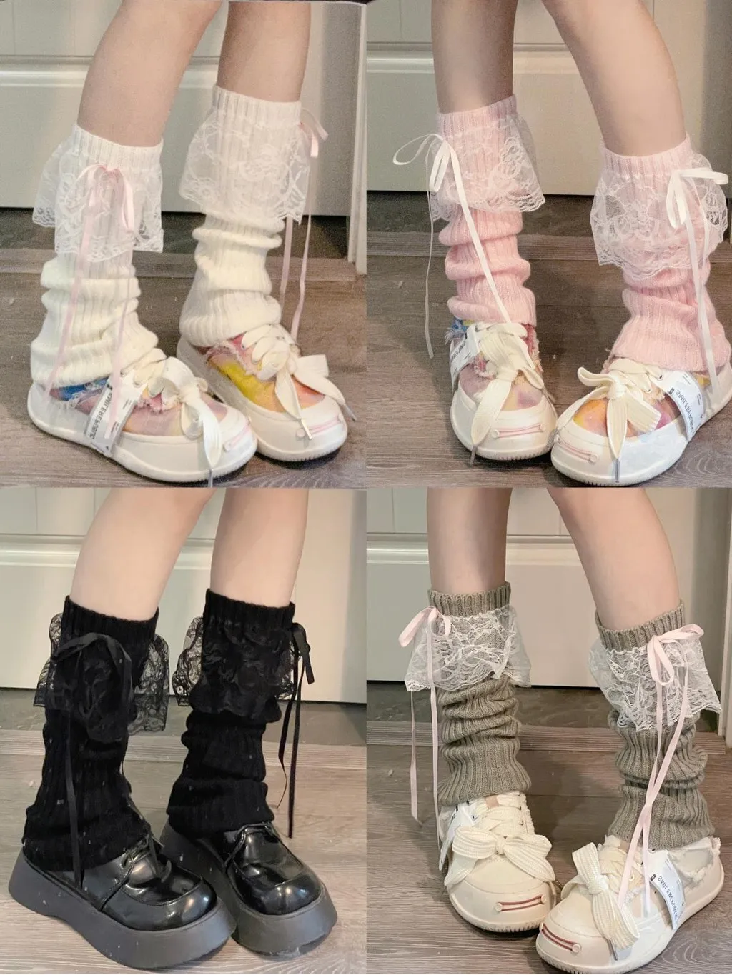 Japanese Y2K Lolita Girls Lace Bow Leg Warmers Women Calf Warmer Knitted Streamer Leg Covers JK Bow Princess Style Slouch Socks