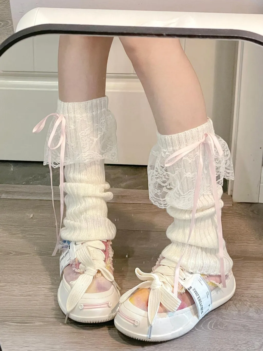 Japanese Y2K Lolita Girls Lace Bow Leg Warmers Women Calf Warmer Knitted Streamer Leg Covers JK Bow Princess Style Slouch Socks