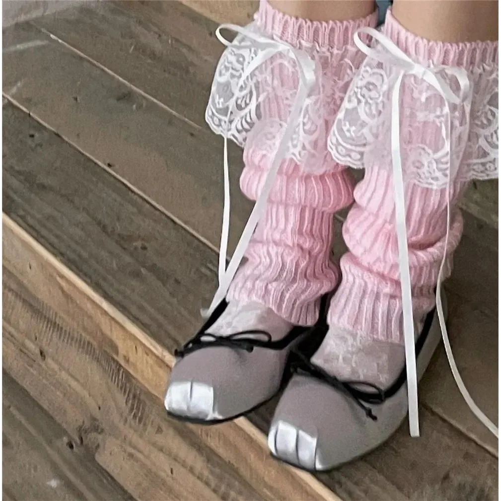 Japanese Y2K Lolita Girls Lace Bow Leg Warmers Women Calf Warmer Knitted Streamer Leg Covers JK Bow Princess Style Slouch Socks
