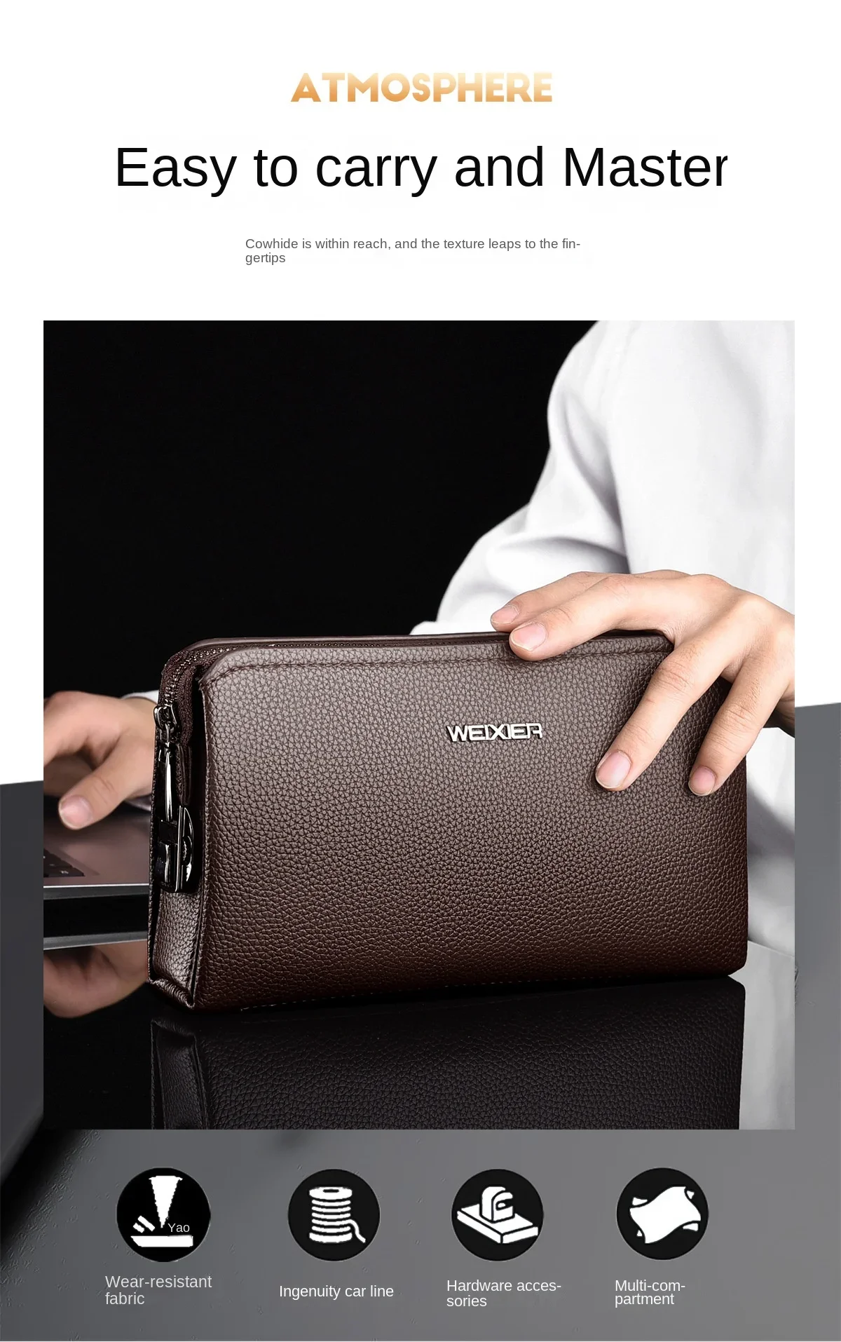 New Men's Clutch Purse High End PU Leather Long Wallet Large Capacity Multi Card Slot Wrist Bag Password Anti-Theft Phone Bag