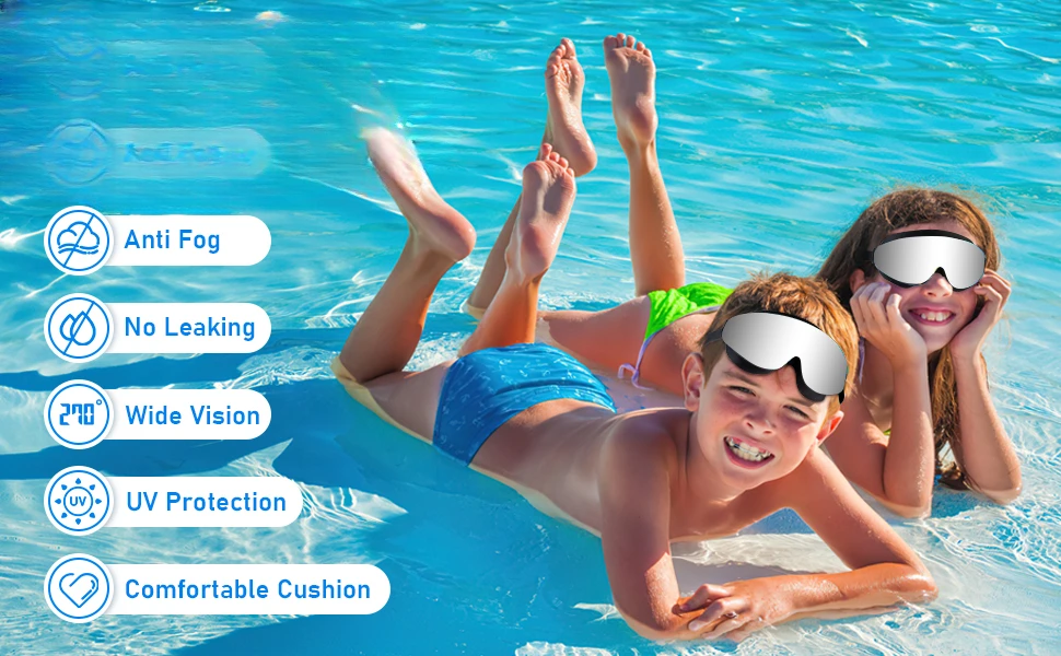 Kids Polarized Swim Goggles for Age 4-16, with Antifog Spray, Nose Clip Earplug, Swimming Wide View Anti-Fog No Leaking Glasses