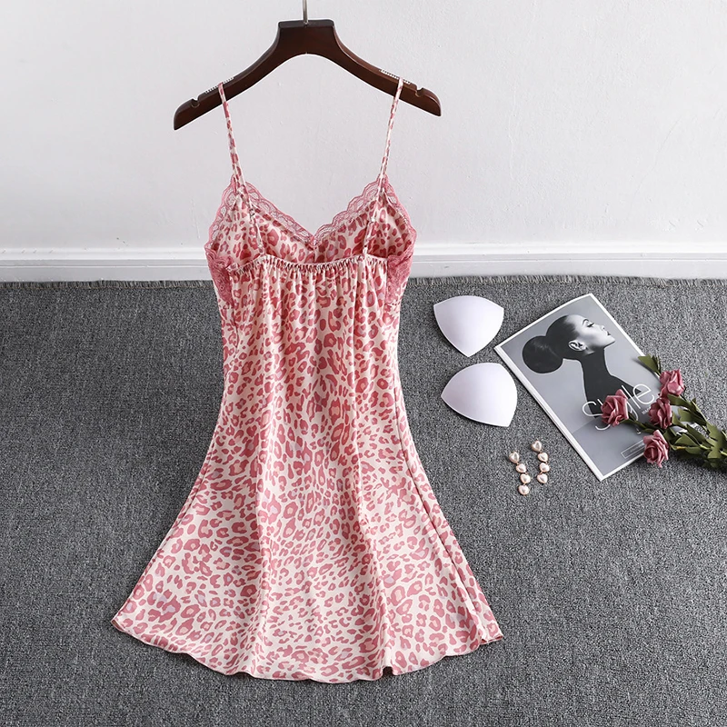 Lace Women's Nightdress Girl Leopard Print Sleepwear Silk Pijama Sling Nightwear Homewear