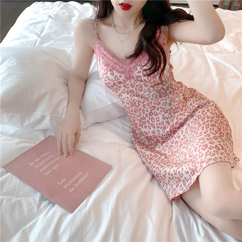 Lace Women's Nightdress Girl Leopard Print Sleepwear Silk Pijama Sling Nightwear Homewear