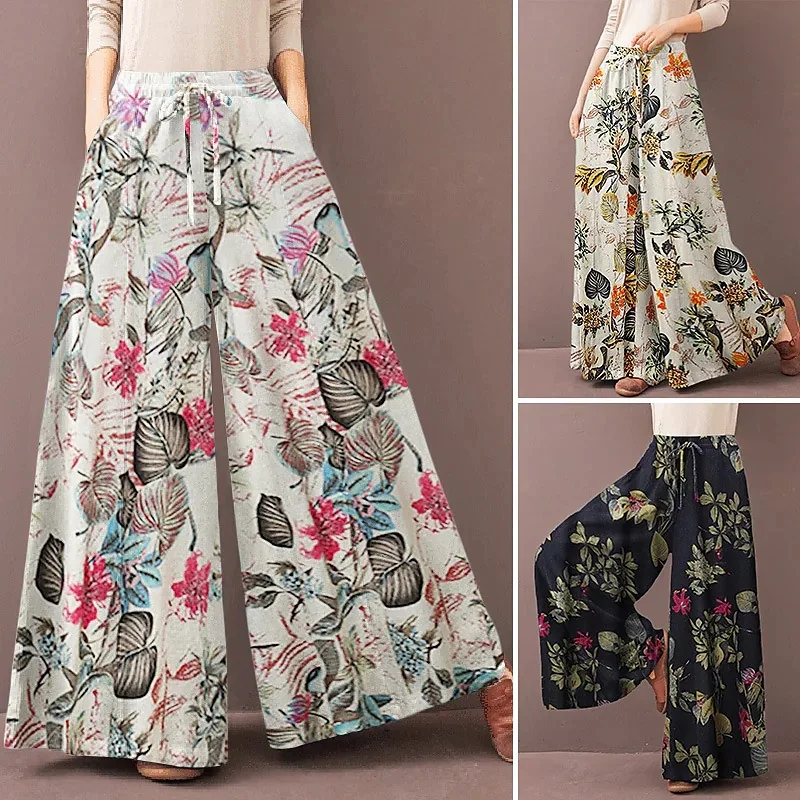 Floral Print Wide Leg Women Pants Spring Drawstring Bohemia Trousers Lady Casual Loose Elastic Waist Pantalonsw Plus Size