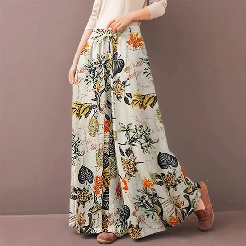 Floral Print Wide Leg Women Pants Spring Drawstring Bohemia Trousers Lady Casual Loose Elastic Waist Pantalonsw Plus Size
