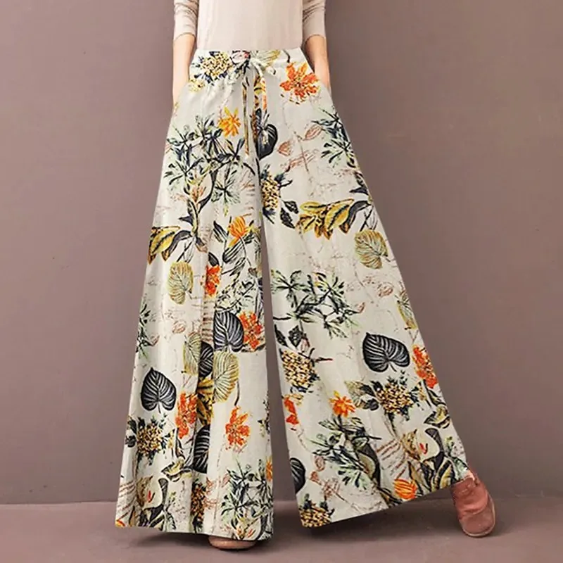 Floral Print Wide Leg Women Pants Spring Drawstring Bohemia Trousers Lady Casual Loose Elastic Waist Pantalonsw Plus Size
