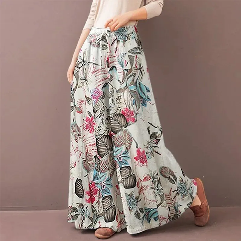 Floral Print Wide Leg Women Pants Spring Drawstring Bohemia Trousers Lady Casual Loose Elastic Waist Pantalonsw Plus Size