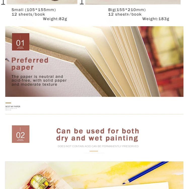A5/A6 12 Sheets 300gsm Watercolor Sketchbook for Beginner Color Pencil Sketch Drawing Painting Handbook Paper Art Supplies