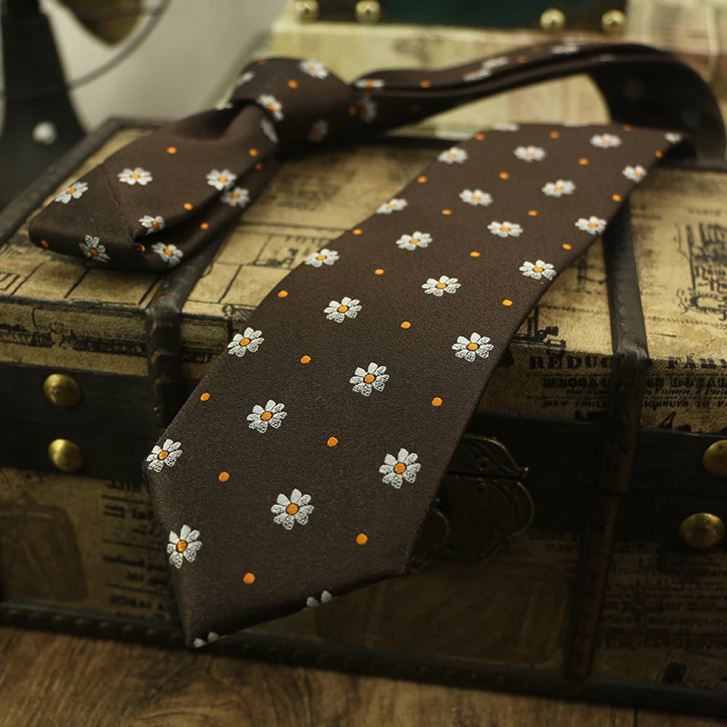 8cm Width Luxurious Floral Neckties For Men Polyester Woven Brown Green Neck Ties Elegant Suit Accessories Skinny Casual Cravat