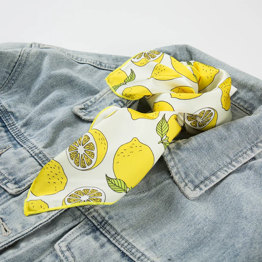 Summer Bright Color Oil Painting Lemon Print 53CM Small Square Women Satin Silk Neck Tie Scarfs Soft Neat Ladies Neckerchiefs