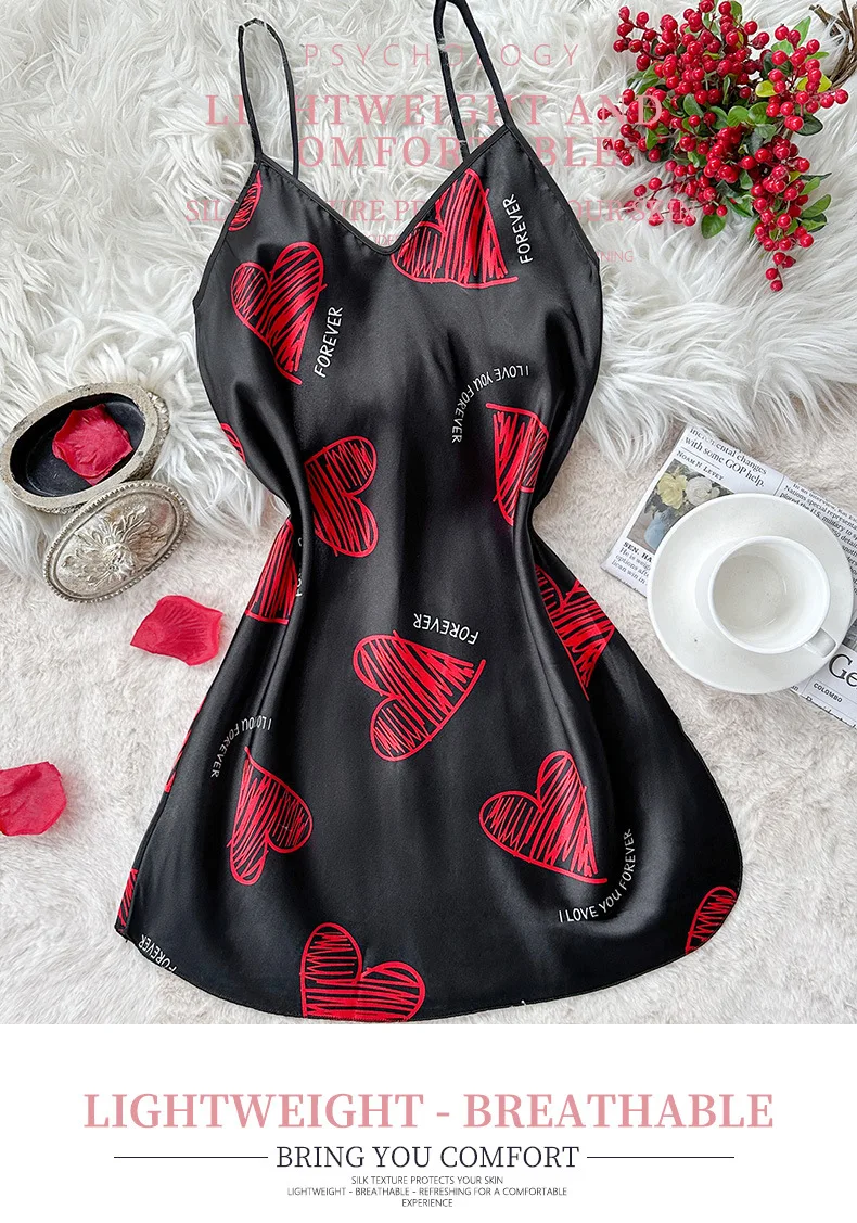Valentine's Day Red Lip Print Satin Slip Nightdress V Neck Backless Mini Sleep Dress Women's Sleepwear Dresses