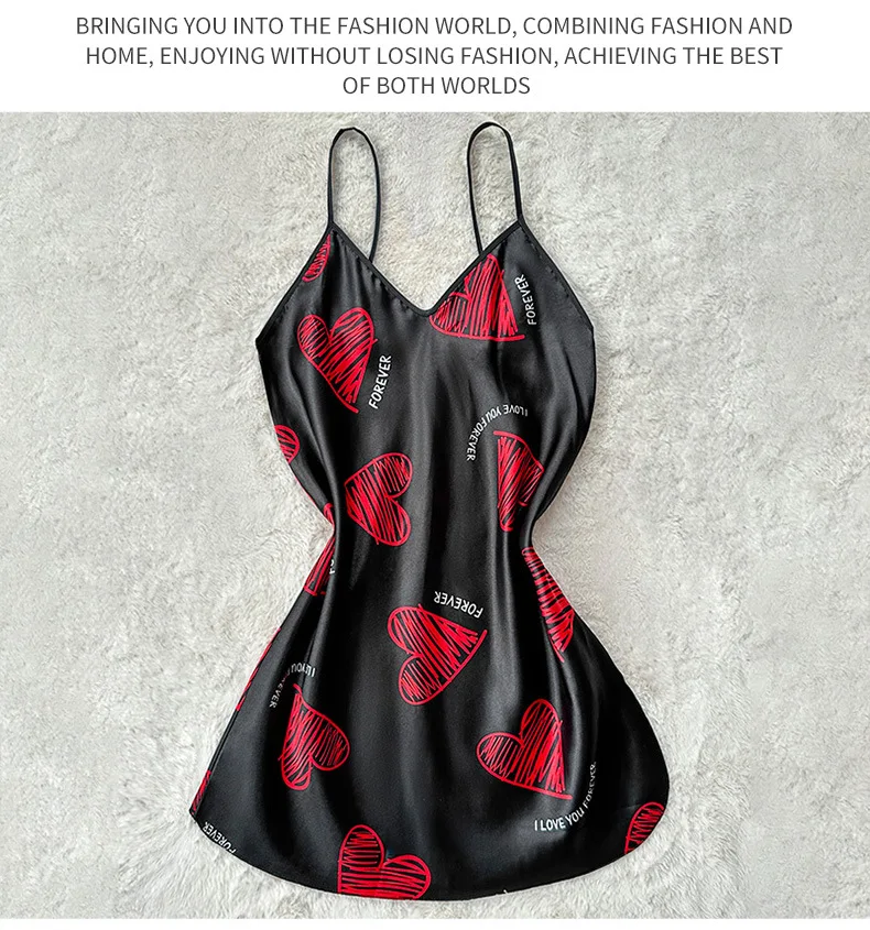 Valentine's Day Red Lip Print Satin Slip Nightdress V Neck Backless Mini Sleep Dress Women's Sleepwear Dresses