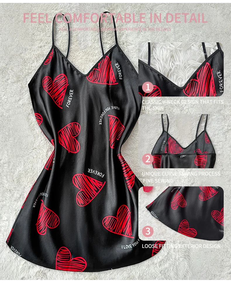 Valentine's Day Red Lip Print Satin Slip Nightdress V Neck Backless Mini Sleep Dress Women's Sleepwear Dresses