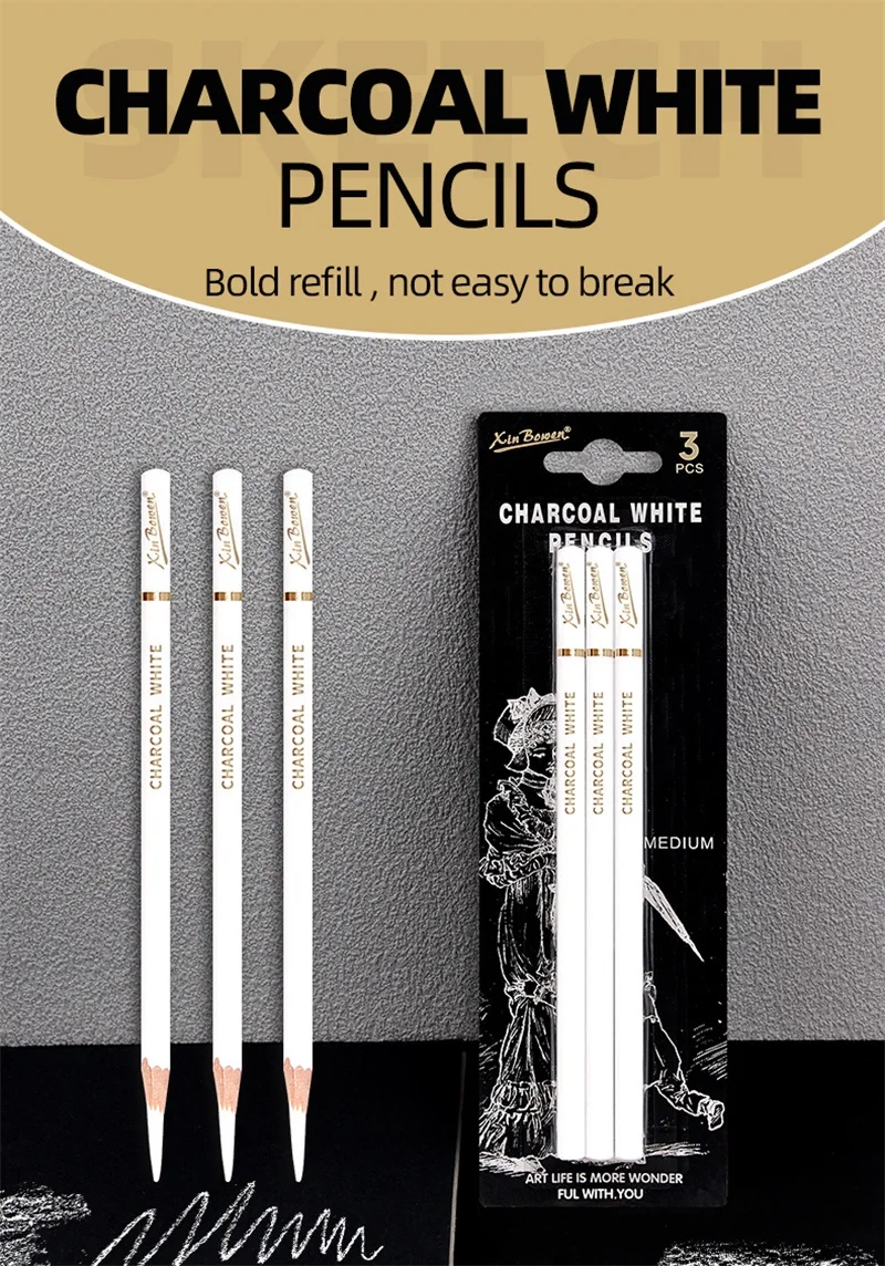3Pcs Professional White Charcoal Pencils Set Sketch Highlight Drawing Pencils for Artists Drawing Sketching Shading Art Supplies