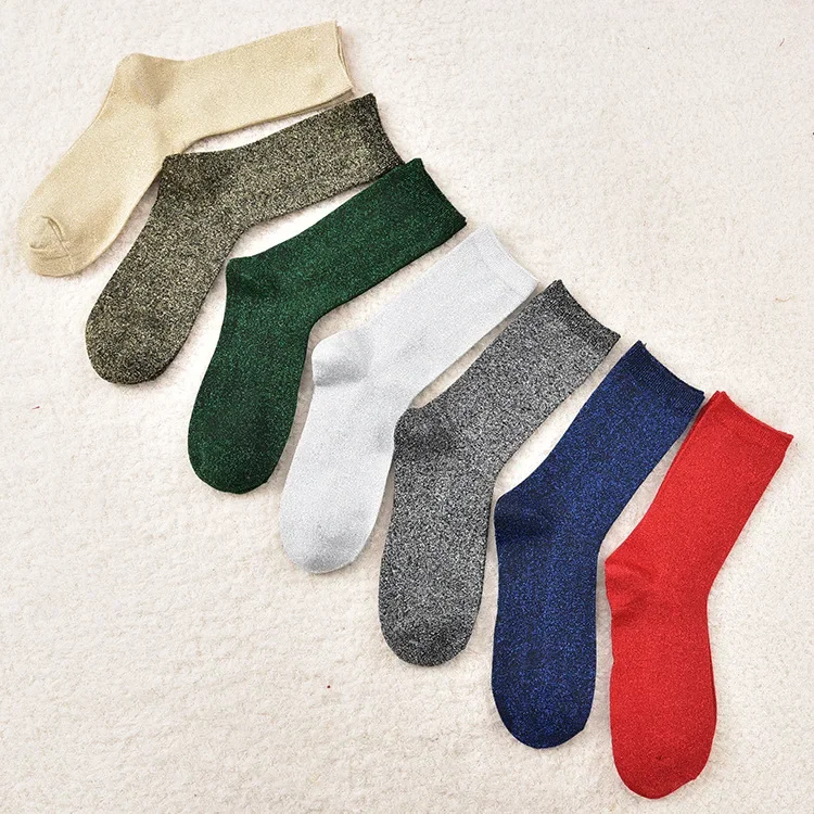 Women's Glitter Tube Gold and Silver Silk Material Socks Christmas Solid color Shiny High elastic Fashionable Summer Sock