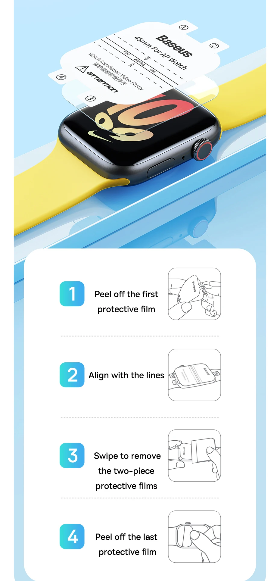 Baseus 2Pcs Nano Screen Protector For Apple Watch 8 7 6 SE SE2 5 4 Soft Hydrogel 40/41/44/45mm Full-coverage Protective Film