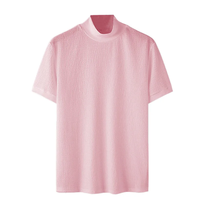 New Summer Fashion Tight T-shirt Casual Streetwear Textured High-neck Solid Color Short-sleeved Bottoming Tees Korean Style Tops