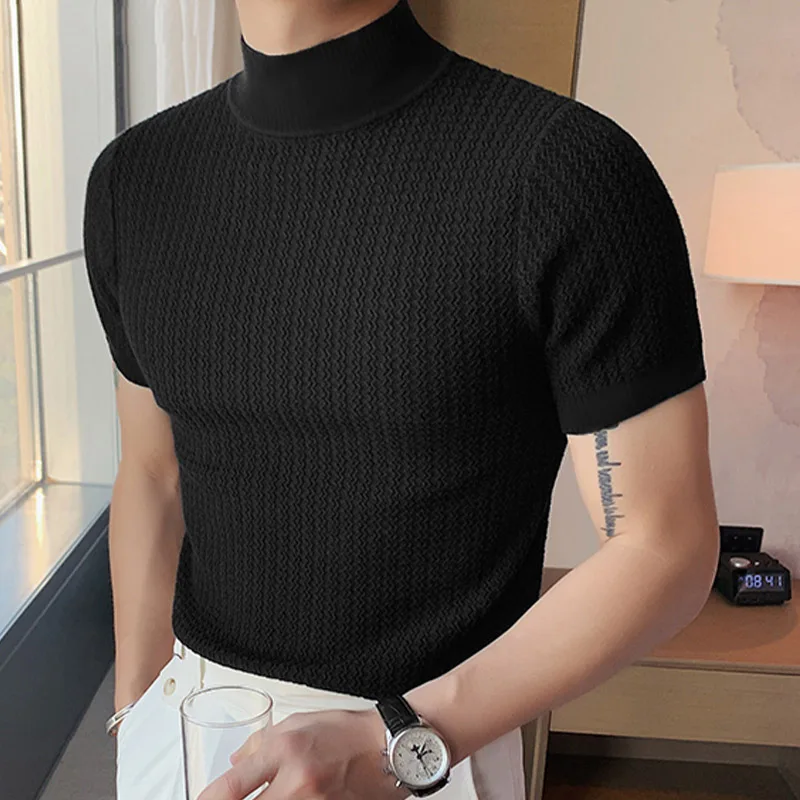 New Summer Fashion Tight T-shirt Casual Streetwear Textured High-neck Solid Color Short-sleeved Bottoming Tees Korean Style Tops