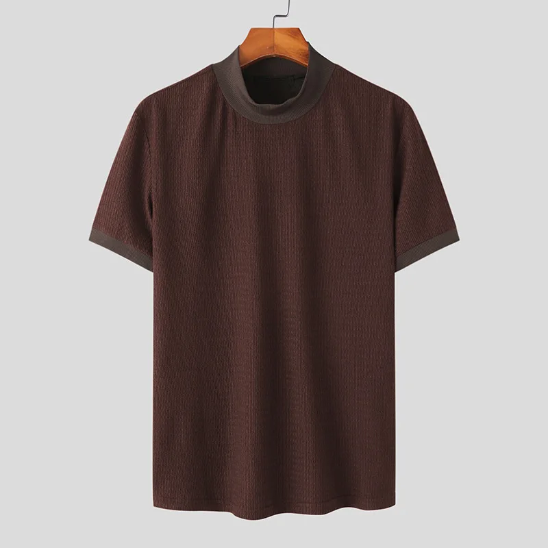 New Summer Fashion Tight T-shirt Casual Streetwear Textured High-neck Solid Color Short-sleeved Bottoming Tees Korean Style Tops