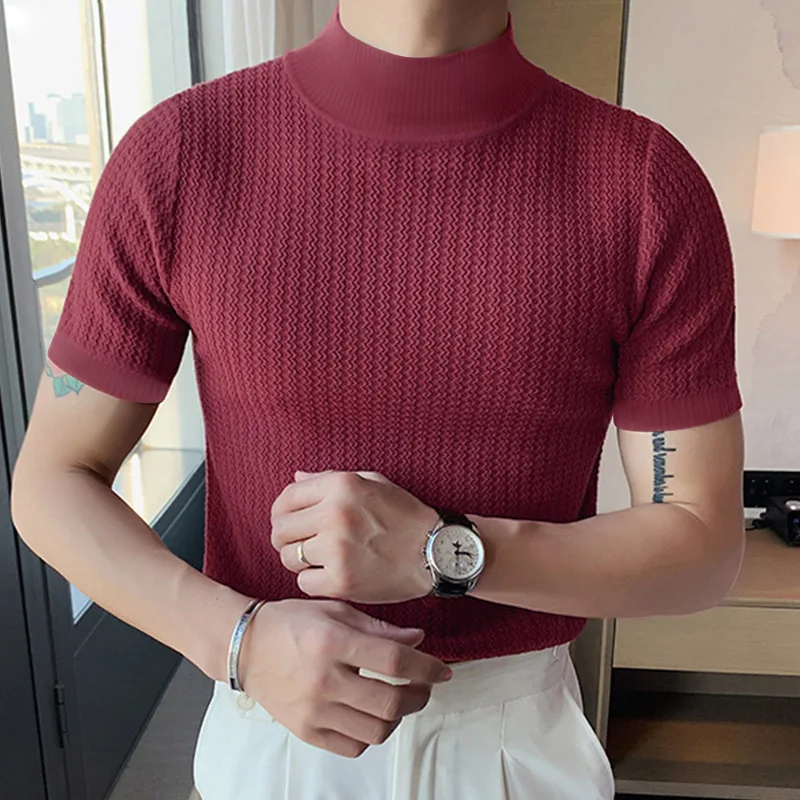 New Summer Fashion Tight T-shirt Casual Streetwear Textured High-neck Solid Color Short-sleeved Bottoming Tees Korean Style Tops