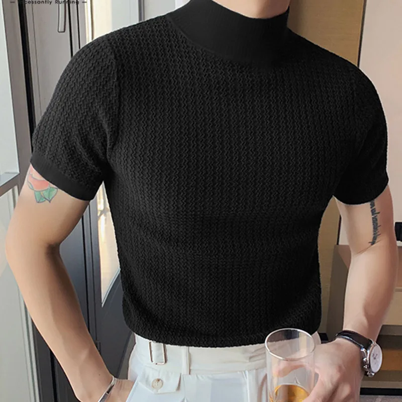 New Summer Fashion Tight T-shirt Casual Streetwear Textured High-neck Solid Color Short-sleeved Bottoming Tees Korean Style Tops