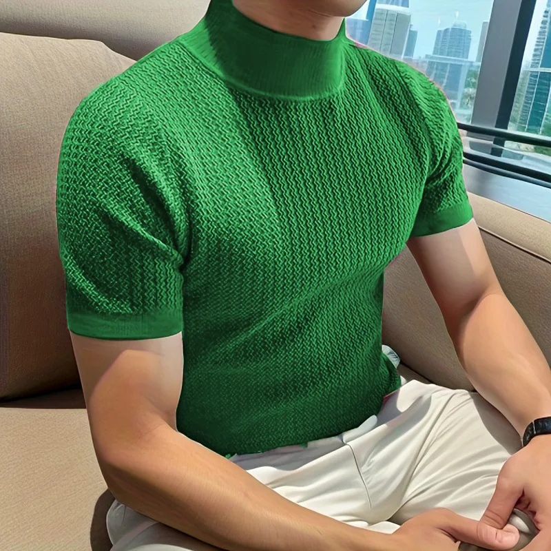 New Summer Fashion Tight T-shirt Casual Streetwear Textured High-neck Solid Color Short-sleeved Bottoming Tees Korean Style Tops