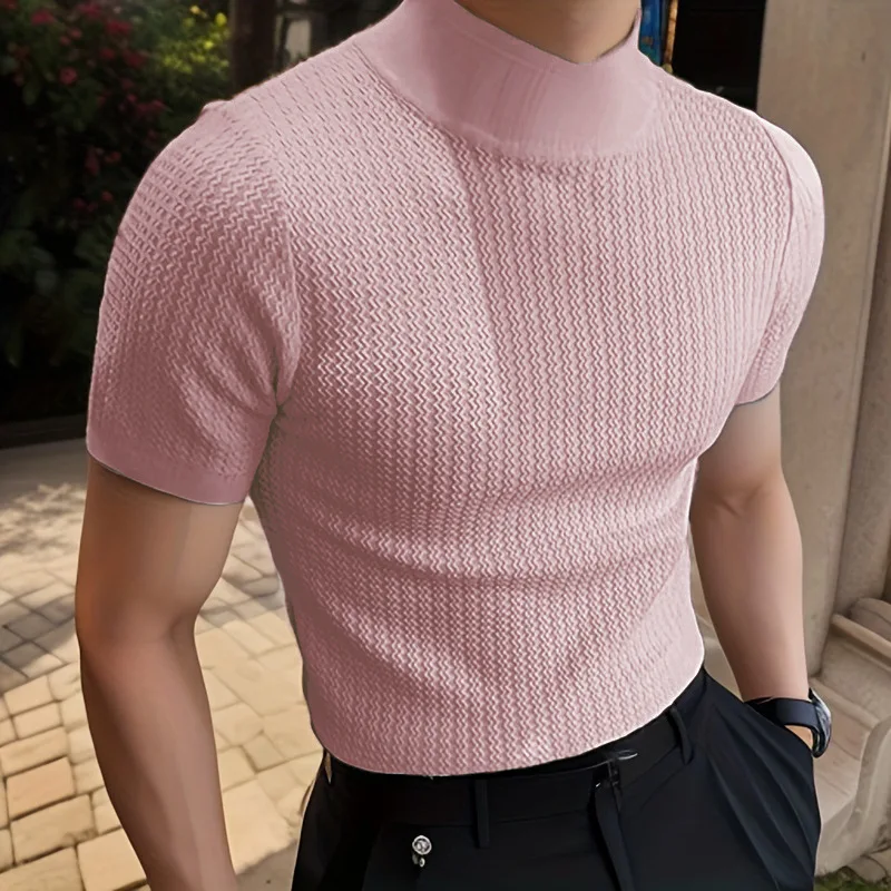 New Summer Fashion Tight T-shirt Casual Streetwear Textured High-neck Solid Color Short-sleeved Bottoming Tees Korean Style Tops