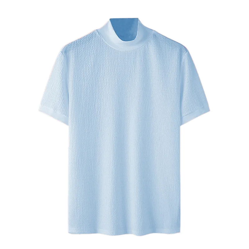 New Summer Fashion Tight T-shirt Casual Streetwear Textured High-neck Solid Color Short-sleeved Bottoming Tees Korean Style Tops