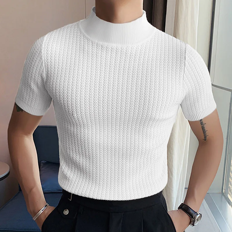 New Summer Fashion Tight T-shirt Casual Streetwear Textured High-neck Solid Color Short-sleeved Bottoming Tees Korean Style Tops