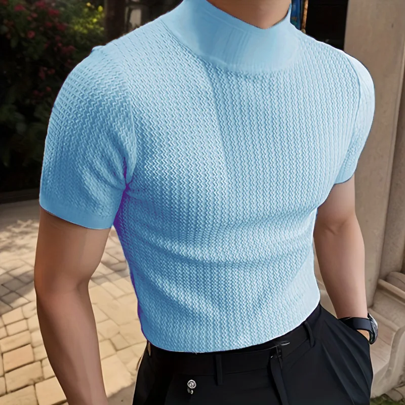 New Summer Fashion Tight T-shirt Casual Streetwear Textured High-neck Solid Color Short-sleeved Bottoming Tees Korean Style Tops