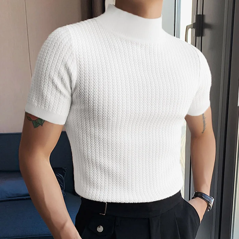 New Summer Fashion Tight T-shirt Casual Streetwear Textured High-neck Solid Color Short-sleeved Bottoming Tees Korean Style Tops