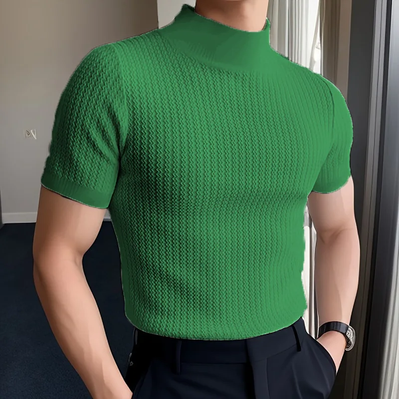 New Summer Fashion Tight T-shirt Casual Streetwear Textured High-neck Solid Color Short-sleeved Bottoming Tees Korean Style Tops
