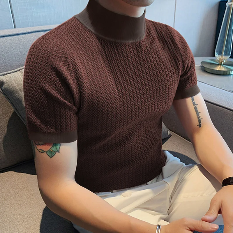 New Summer Fashion Tight T-shirt Casual Streetwear Textured High-neck Solid Color Short-sleeved Bottoming Tees Korean Style Tops