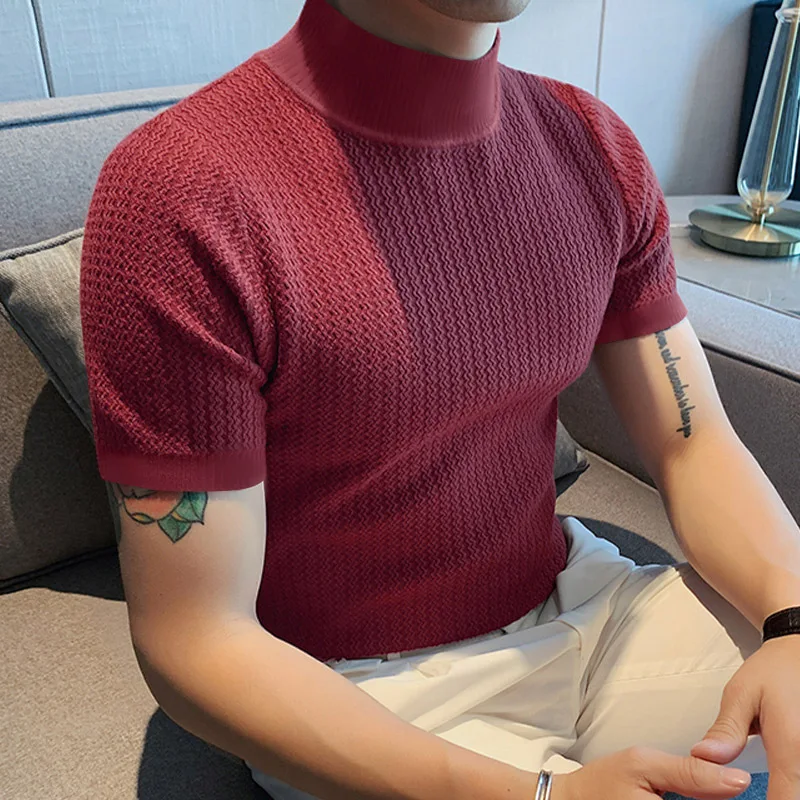 New Summer Fashion Tight T-shirt Casual Streetwear Textured High-neck Solid Color Short-sleeved Bottoming Tees Korean Style Tops