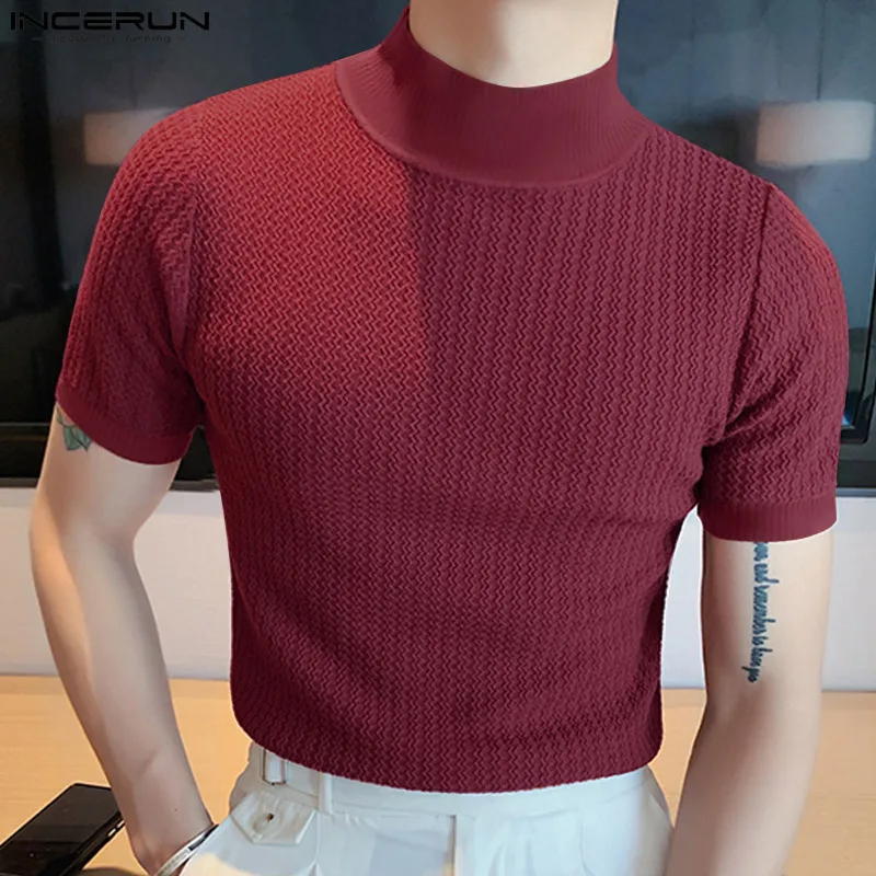 New Summer Fashion Tight T-shirt Casual Streetwear Textured High-neck Solid Color Short-sleeved Bottoming Tees Korean Style Tops