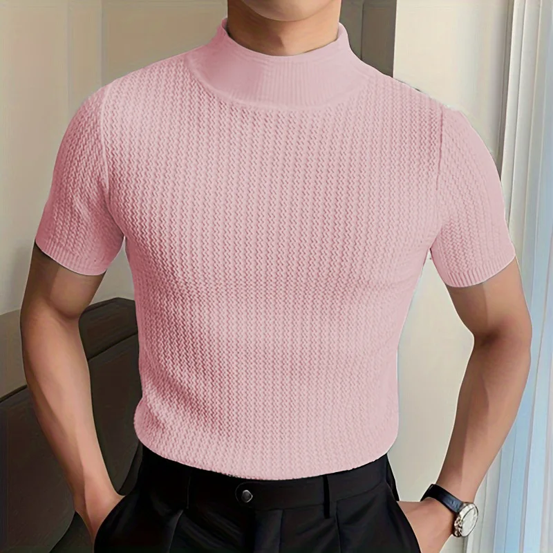 New Summer Fashion Tight T-shirt Casual Streetwear Textured High-neck Solid Color Short-sleeved Bottoming Tees Korean Style Tops