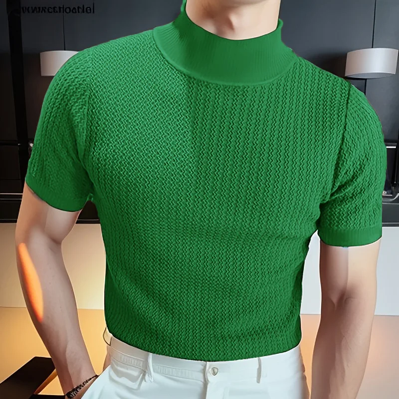New Summer Fashion Tight T-shirt Casual Streetwear Textured High-neck Solid Color Short-sleeved Bottoming Tees Korean Style Tops