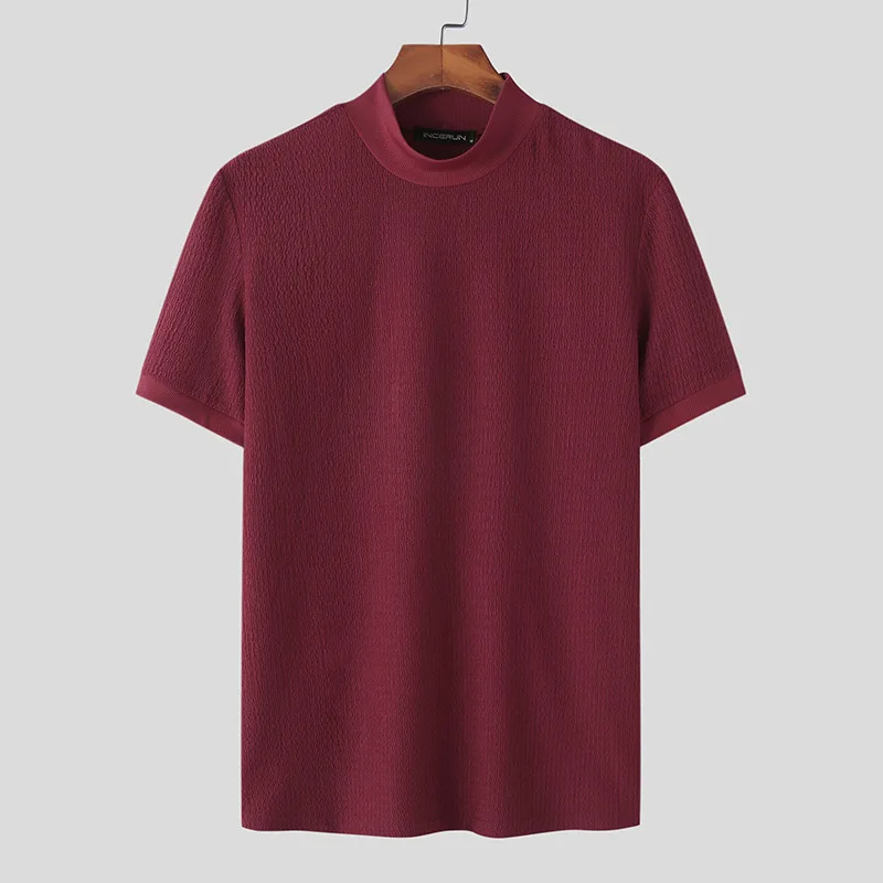New Summer Fashion Tight T-shirt Casual Streetwear Textured High-neck Solid Color Short-sleeved Bottoming Tees Korean Style Tops