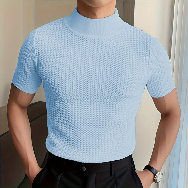 New Summer Fashion Tight T-shirt Casual Streetwear Textured High-neck Solid Color Short-sleeved Bottoming Tees Korean Style Tops