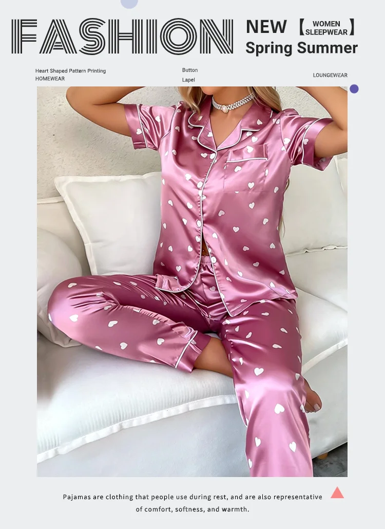 Women's Satin Short Sleeve Top And Long Pants Casual Comfort Pajama Loungewear With Heart Print Lounge Set Nightwear 2 Piece