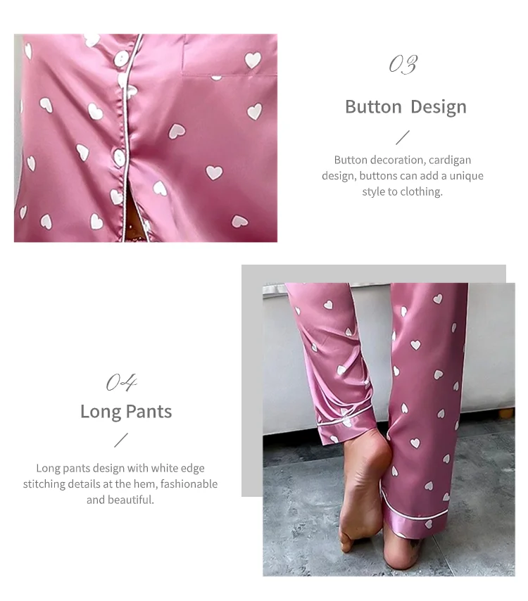 Women's Satin Short Sleeve Top And Long Pants Casual Comfort Pajama Loungewear With Heart Print Lounge Set Nightwear 2 Piece