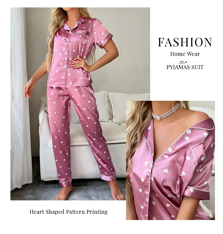 Women's Satin Short Sleeve Top And Long Pants Casual Comfort Pajama Loungewear With Heart Print Lounge Set Nightwear 2 Piece