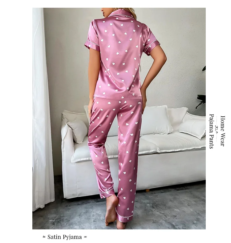 Women's Satin Short Sleeve Top And Long Pants Casual Comfort Pajama Loungewear With Heart Print Lounge Set Nightwear 2 Piece