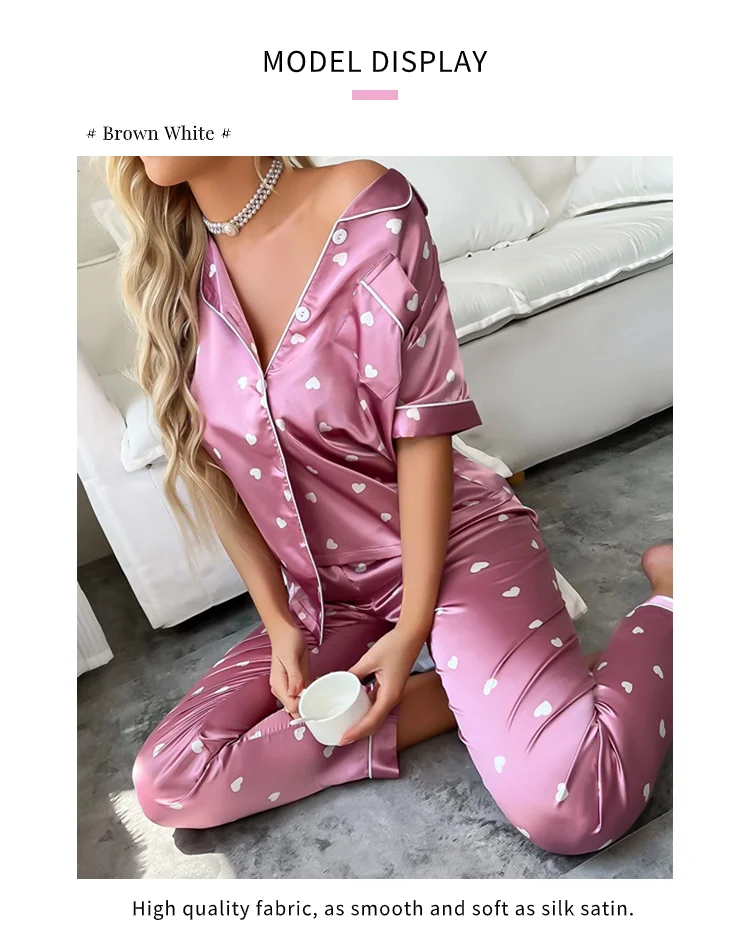 Women's Satin Short Sleeve Top And Long Pants Casual Comfort Pajama Loungewear With Heart Print Lounge Set Nightwear 2 Piece
