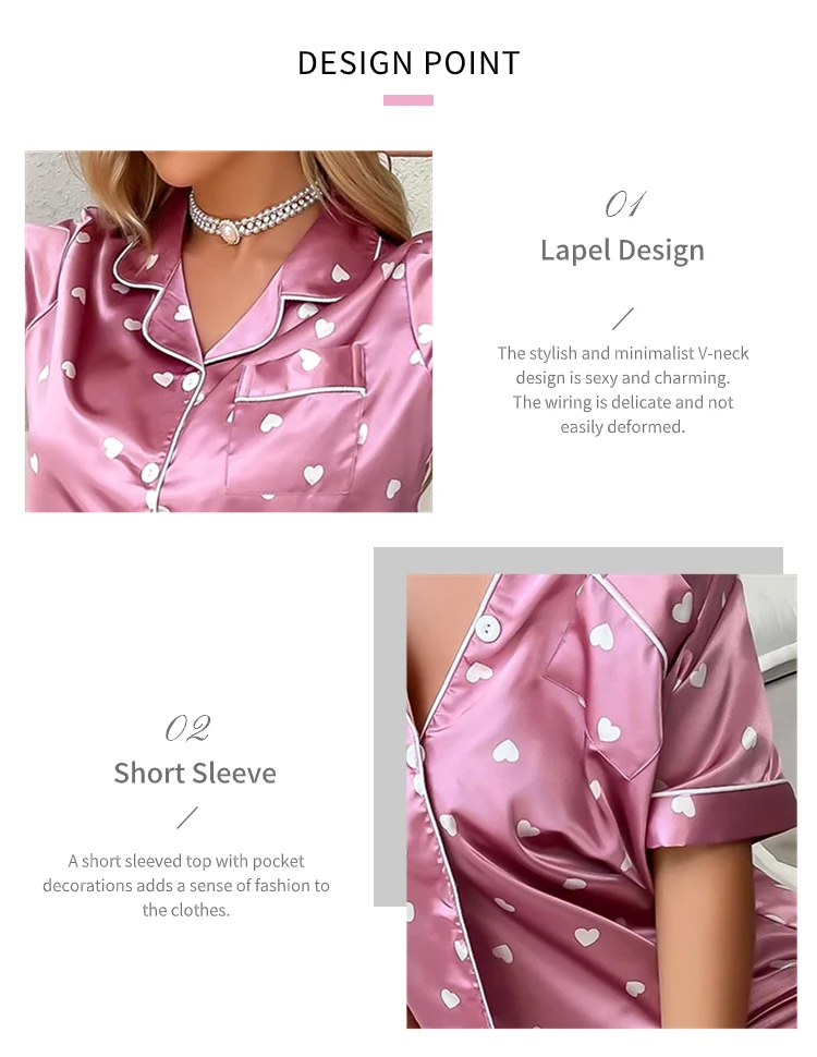 Women's Satin Short Sleeve Top And Long Pants Casual Comfort Pajama Loungewear With Heart Print Lounge Set Nightwear 2 Piece