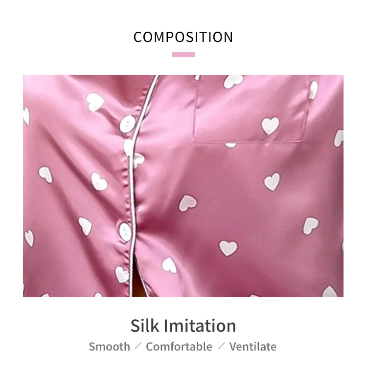 Women's Satin Short Sleeve Top And Long Pants Casual Comfort Pajama Loungewear With Heart Print Lounge Set Nightwear 2 Piece
