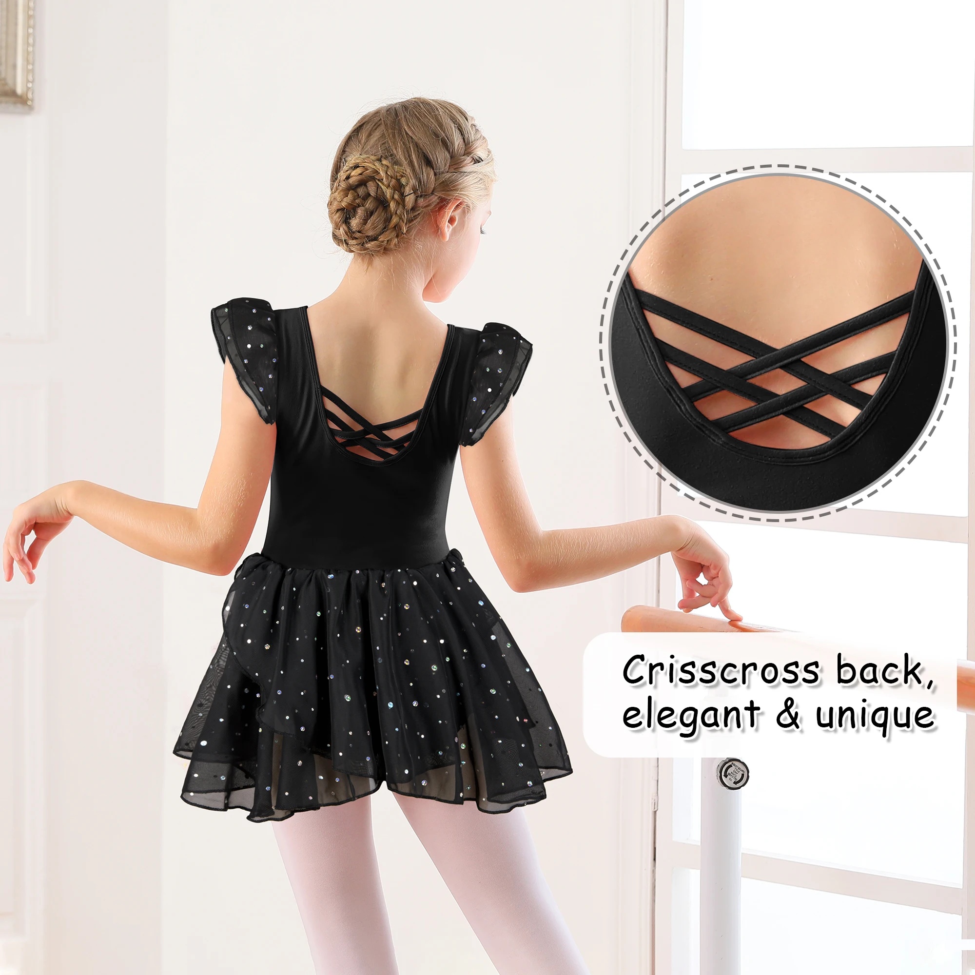 Girls Ballet Leotards for Dance Ruffle Sleeve Ballet Dress Hollow Crisscross Back, Shiny Skirt