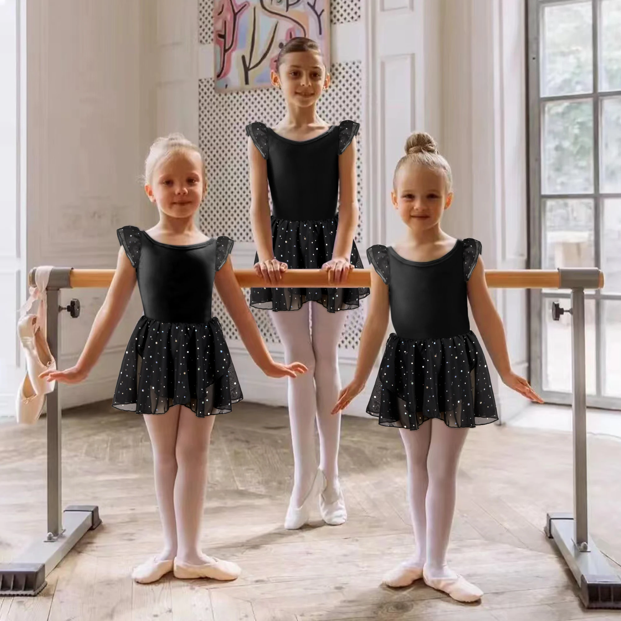 Girls Ballet Leotards for Dance Ruffle Sleeve Ballet Dress Hollow Crisscross Back, Shiny Skirt