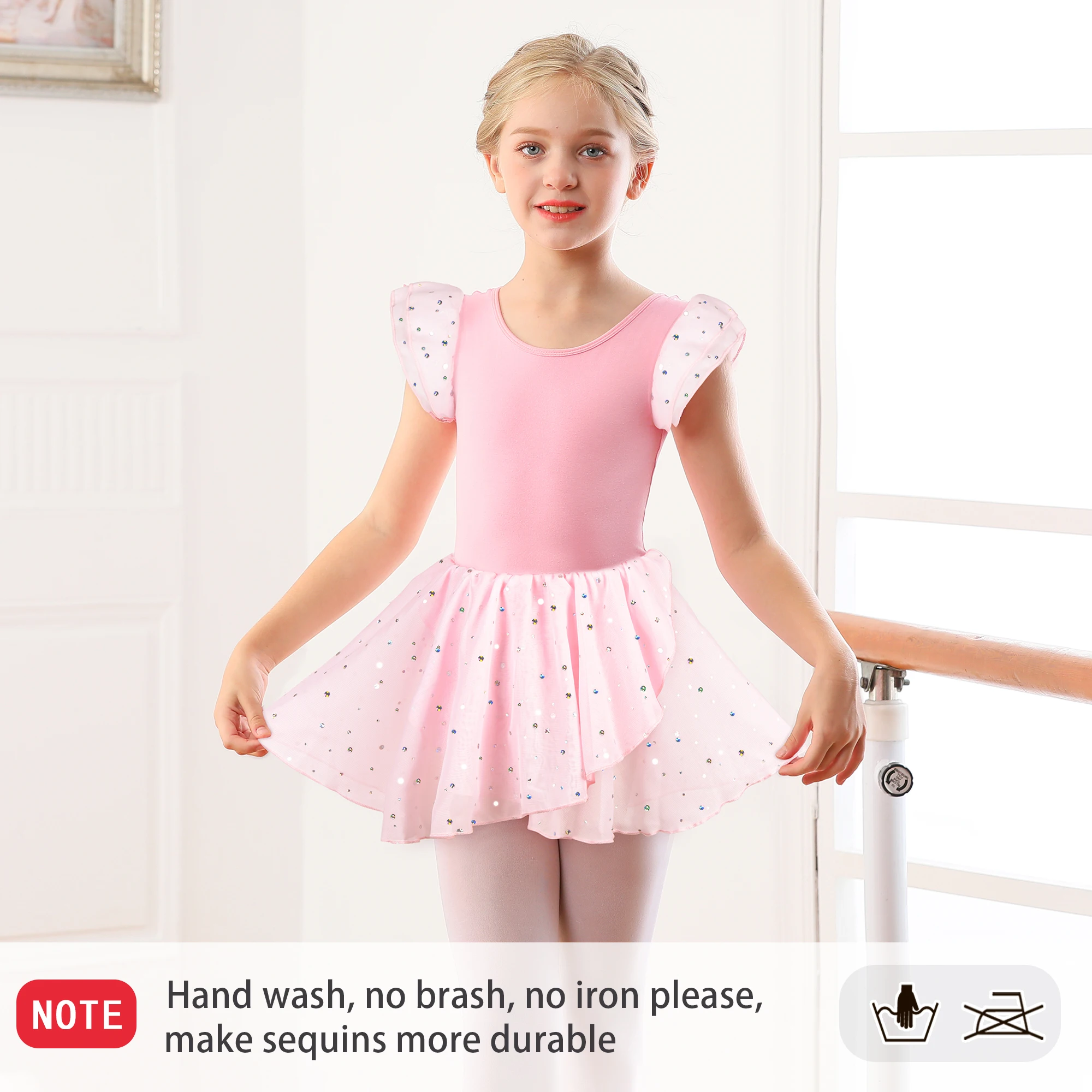 Girls Ballet Leotards for Dance Ruffle Sleeve Ballet Dress Hollow Crisscross Back, Shiny Skirt